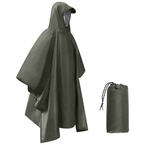 Dr.Fish Waterproof Rain Poncho for Adults, Lightweight Hooded Rain Coat Jacket with Pockets, Breathable Ripstop Rainwear for Hiking Camping Cycling, Packable with Storage Bag Green-Sliver