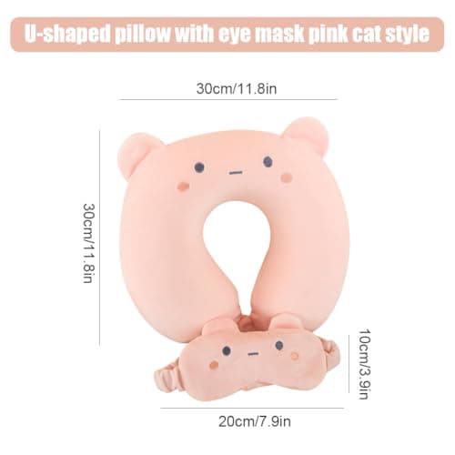 Travel Pillow Kids Travel Pillow with Sleep Eye Mask Cute Neck Pillow for Travel Soft Memory Foam Travel Neck Pillow for Adults and Kids Airplane Sleeping Travel and Camping (pink cat) — view 2