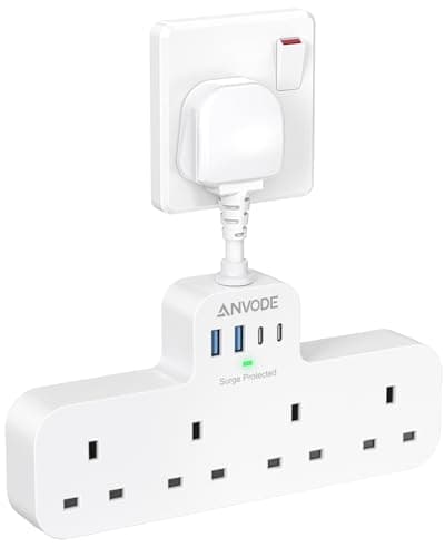 Multi Plug Extension Socket with 4 USB (2 Type C), ANVODE 4 Way Plug Adaptor with Short Cable, Adapter Plug UK Turn 1 to 8, Short Extension Lead Power Strip for Bedroom, Office, Kitchen. White