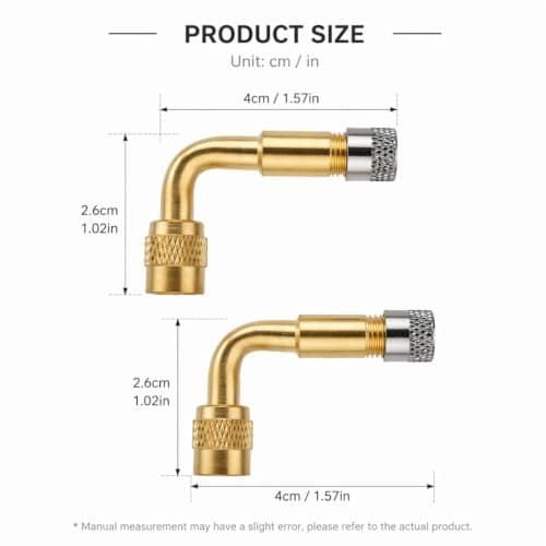 Rovelin 2 PCS Tire Valve Adapter and Tyre Valve Extension 90 Degree Brass, Universal Bike Pump Adaptor for Car Motorcycle Bicycle and Truck, Tyre Inflator Adaptor with Metal Caps — view 2
