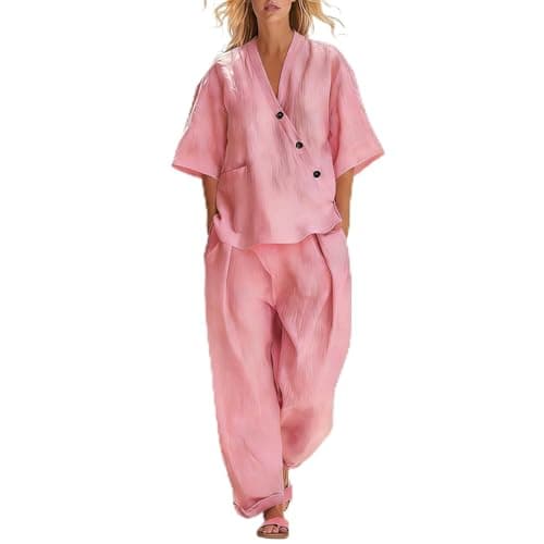 festival outfit women Co Ord Sets for Women Cotton Linen 2 Piece Plus Size V Neck Tops & Wide Leg Trousers Summer Fashion Loose Comfy Vacation Travel Airport Outfits Pink L
