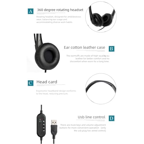 Universal Connection Headphones Noise Cancelling Microphone Over-Ear Double Hearing Ports for Work and Home USB C Adapter Headset with Mic Control — view 4