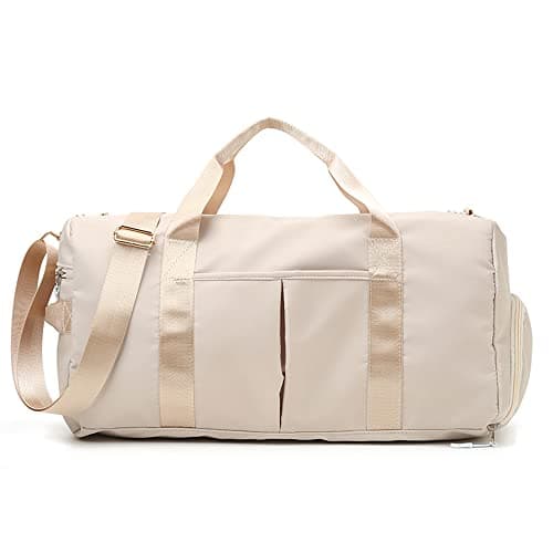 Gym Bag for Women and Men, Travel Duffel Bag for Sports and Weekend Getaway, Waterproof Dufflebag with Shoe and Wet Clothes Compartments, Beige