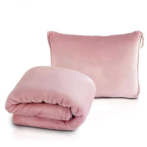 Travel Blanket and Pillow, Ultra Soft 2 in 1 Airplane Blanket with Compact Pillowcase, Luggage Strap, Lightweight Travel Essential, Ideal for Long Flights, Camping, Sunset (Light Pink)
