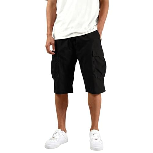 Cbebvwl Men's Cargo Shorts Drawstring Waist Multi Pockets Cotton Loose Fit Casual Work Outdoor Sports Solid Color Summer Beach Shorts with Big Side Pockets Black M — view 5