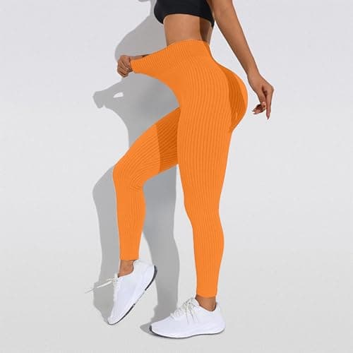 Compression Legging Women's High-Waisted Ribbed Leggings Orange — view 3