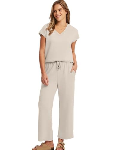 Saloogoe Women Two Piece Set Summer Outfits Lounge Sets V Neck Tops Wide Leg Pants Women Holiday Travel Outfits, beige, M — view 3