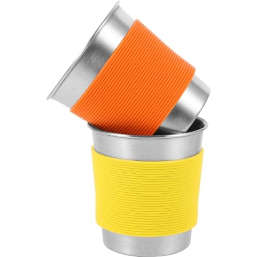 TEHAUX Stainless Steel Water Cup Anti-scalding 2pcs with Silicone Sleeve, Single-Layer Metal Mug Easy to Clean, Flat Base, for Table and Desk, Camping and Travel Drinking Cup