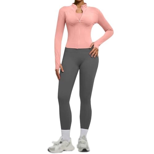Yoga Workout 2 Piece Set Women Seamless Long Sleeve Zipper Jacket High Waist Butt Lifting Leggings Gym Active Stretch Fitness Wear Set(Rose Gold, M)