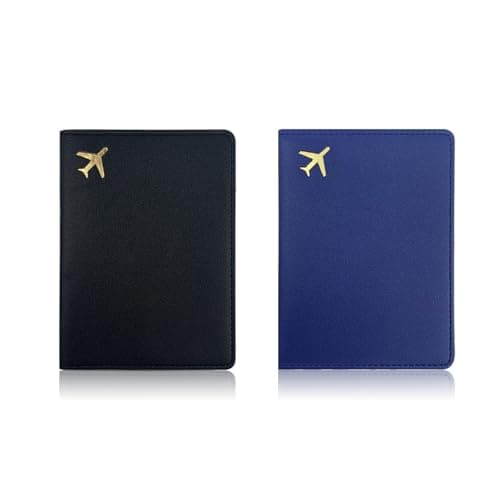 KYRINOVA 2 Pcs Passport Holder, PU Leather Travel Document Holder, Portable Passport Wallet for Travelers Business Cards Tickets (Dark Blue Black)