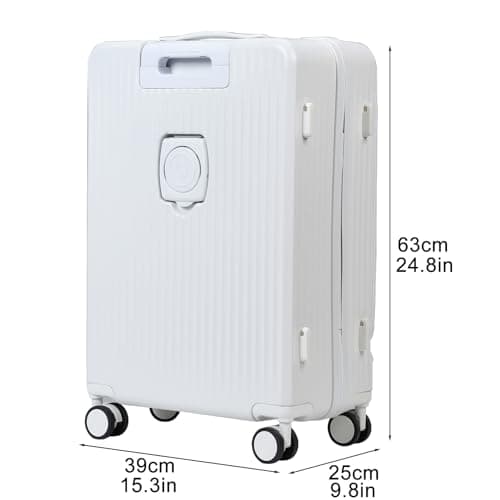 cadciehe 24in Aluminium Frame Hardside Expandable Spinner Wheel Luggage, Front Open Carry on Luggage, Built-in Lock Carry on Suitcase, with Cup Holder & USB Type-C Charging Port & Phone Stand White — view 3