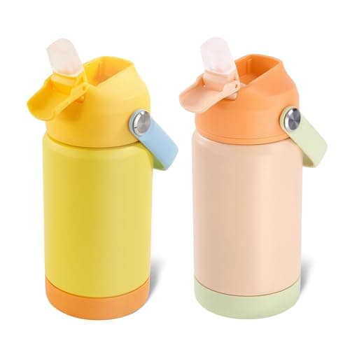 Fijinhom Kids Water Bottle, 360ml/12oz, Stainless Steel Insulated Water Bottle with Straw, Vacuum Leakproof, Kids Water Bottles for School Boys Girls,BPA Free,Twilight Green + Soft Coral 2 Piece Set