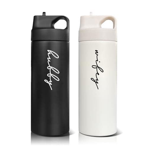 GroomBrideGifts Hubby and Wifey Travel Cups - Honeymoon Essentials & Engagement Gifts for Couples - Matching Couples Water Bottle Set