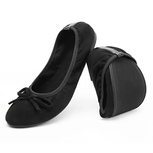 Greatonu Women's Ballet Pumps Comfort Foldable Portable Travel Slip on Slipper Bow Tie Flats Shoes Black 7 UK