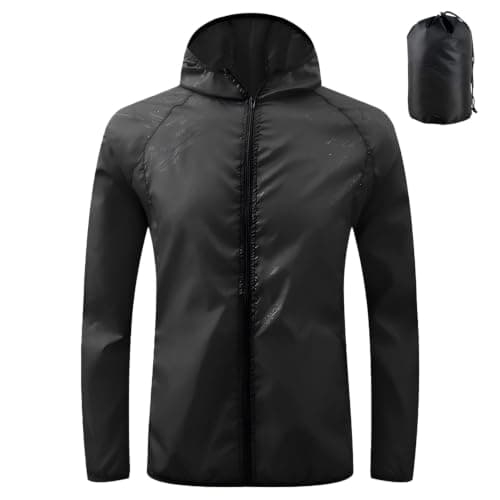 JiaYouLC Men's Packable Lightweight Waterproof Jacket No Pocket Hooded Raincoat in a Bag Sun Protection Windproof Rain Jacket (UK, Alpha, M, Regular, Regular, Black)