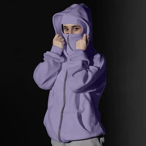 Balaclava Hoodie with Mask Built In Balaclava Full Zipper Double Hooded Coat Oversized Wind Resistant Warm Travel Hoodie with Face Mask Built In Winter Windproof Streetwear Workout Sweatshirt Purple — view 3