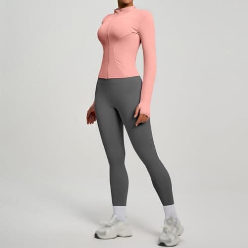 Yoga Workout 2 Piece Set Women Seamless Long Sleeve Zipper Jacket High Waist Butt Lifting Leggings Gym Active Stretch Fitness Wear Set(Rose Gold, M) — view 4