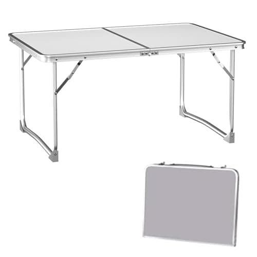 Folding Camping Table with Carrying Handle, White Portable Foldable Picnic Tables, Lightweight Extra Strength Camping Buffet Trestle Table, Laptop Bed Table Desk, for Outdoor Indoor Catering Garden
