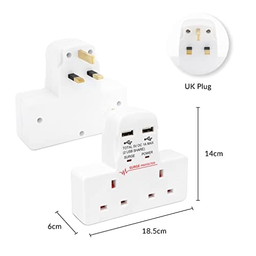 Benross 45600 Standard 2 Way Wall Adaptor Socket/Includes 2 USB Slots/Surge Protected / 1 Amp USB Charging Current/Compact & Lightweight Design/UK Plug Sockets — view 6