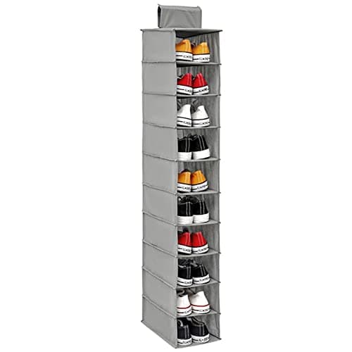 Hanging Shoe Organizer 10-Shelf Shoes Storage for Wardrobe Non-woven Collapsible Hanging Shoe Rack Slim Wardrobe Shoe Storage Organiser Foldable Space Saving Shelf Clothes Handbag Hat Organizer(1pack)