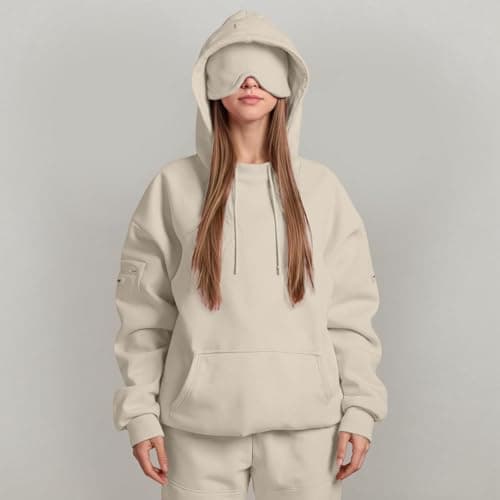 Ewleguzka Travel Hoodie with Eye Mask Built In,Comfrt Airplane Wearable Blanket Hoodie for Adults Men Women 4 Pockets Beige — view 2