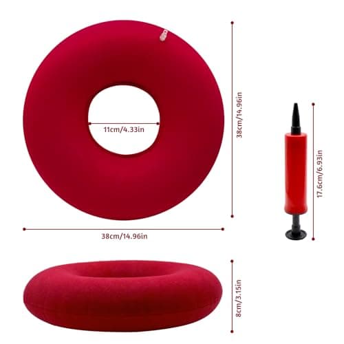 Griwuut Inflatable Donut Cushion 40cm with Hand Pump, Soft Ring Seat Pad for Pressure Relief While Sitting or Lying, Travel Air Pillow for Chair, Car, Home or Neck Support (Red) — view 2