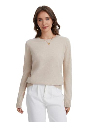 ACUSHLA Women Cashmere Merino Wool Sweaters Long Sleeve Winter Tops,Beige L