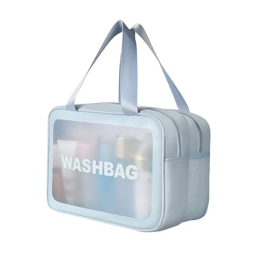 Large Clear Wash Bag, Dry Wet Segregation Toiletry Bag with Hollow Mesh Portable Makeup Bag PVC Waterproof Cosmetic Bag Travel Toiletries Bags for Women Men (Large-Blue)