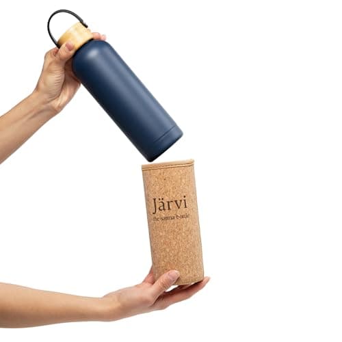 Jarvi The Sauna Bottle - Icy Cold Water & Cool to Touch even in Hot Saunas - Natural Cork x Neoprene Outer Layer - Double Wall Insulated Steel Bottle (Deep Blue, Medium - 25 oz / 750ml) — view 2