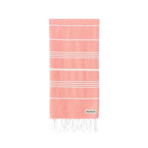 Blue Beach Turkish Towel - 100x180cm Large Turkish Hammam Peshtemal Towel - Super Absorbent, Quick Dry, Sand Free, Lightweight, Compact Towels for Swimming, Bath, Yoga Gym, Sauna and Travel (Coral)