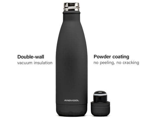 ANGVOOL Insulated Water Bottle, Stainless Steel Metal Thermal Flask for Hot and Cold Drinks, Leak Proof BPA Free Drinking Bottles for Kids or Adults (Black, 500ml) — view 2