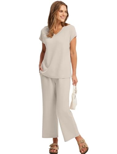 Saloogoe Women Two Piece Set Summer Outfits Lounge Sets V Neck Tops Wide Leg Pants Women Holiday Travel Outfits, beige, M — view 4