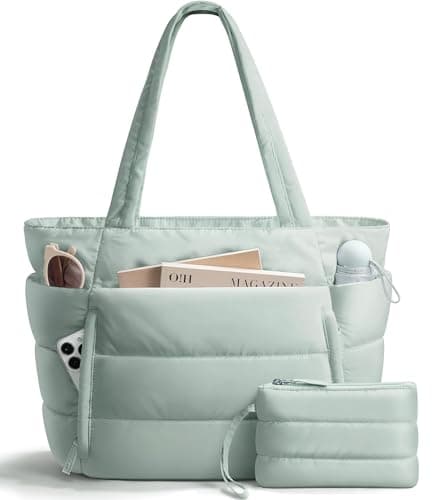 Quilted Shoulder Bag for Women Lightweight Work Bag for Teacher Nurse School Travel Gym, Green Mint, Large