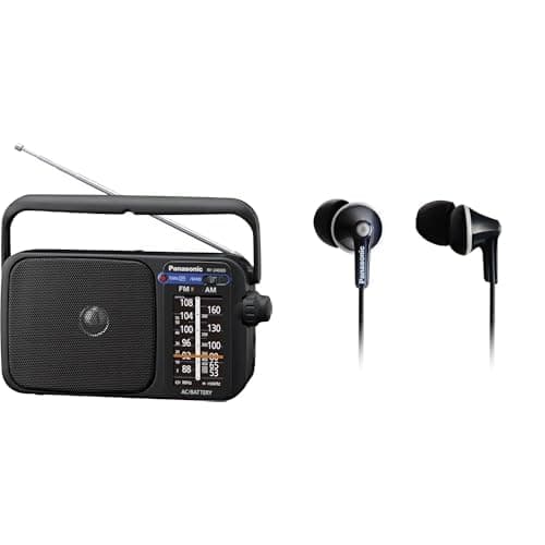 Panasonic Portable FM/AM Radio & Wired Earphones Bundle – Includes RP-HJE125 In-Ear Headphones and RF-2400DEB-K Battery-Operated Radio – Ideal for Travel, Outdoors, and Daily Listening