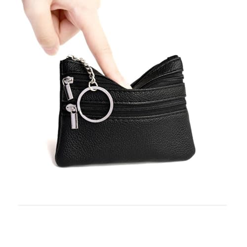 Gadom Small Coin Purse, Leather Wallet for Woman, Zipper Coin Pocket Small Ladies Purse with 3 Compartments & Keychain, Lightweight, Easy to Carry (Black) — view 2