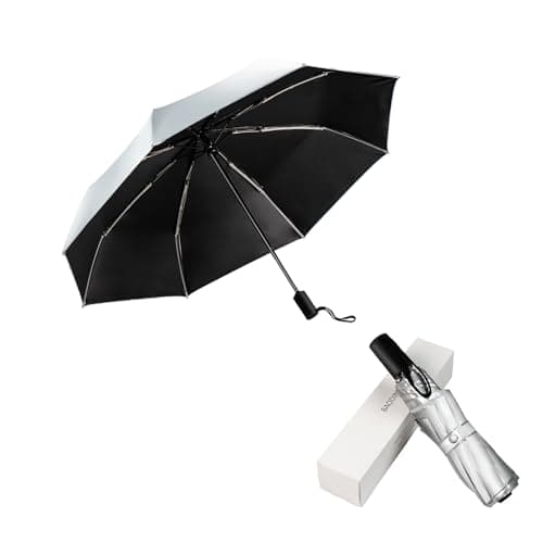 BAODINI Small UV Protection Travel Umbrella Compact for Rain and Sun UPF 50+ Windproof Portable 42 inch Umbrella for Women and Men Silver with Black — view 2