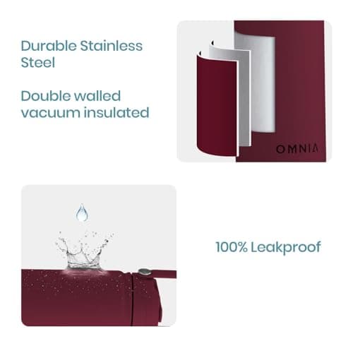 OMNIA NUTRIENTS Vacuum Insulated Stainless Steel Water Bottle, 2 Lids (Straw & Spout) Leakproof, BPA-Free, Reusable Flask Ideal for Travel and Outdoors (Burgundy - 1000 ml) — view 3