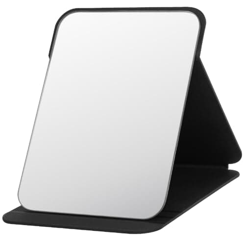 OSDUE Folding Tabletop Mirror, 16 * 11cm Black PU Leather Portable Travel and Desktop Vanity Mirror with Stand for Office Desk, Vanity Table, Camping