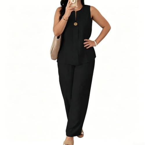 Recycled Polyester Lounge Wear Set Two Piece Outfits(Black L)