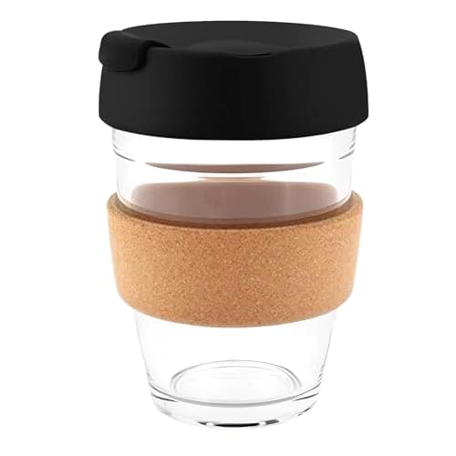Glass Coffee Cup with Lid and Heat Resistant Cork Sleeve (Black)