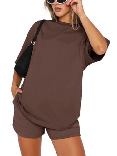 REORIA Women Cotton Short Sleeve Tracksuit Set Crew Neck Solid Color Shirt and Shorts with two Pockets two piece Outfit co ord Sets Coffee L — view 4