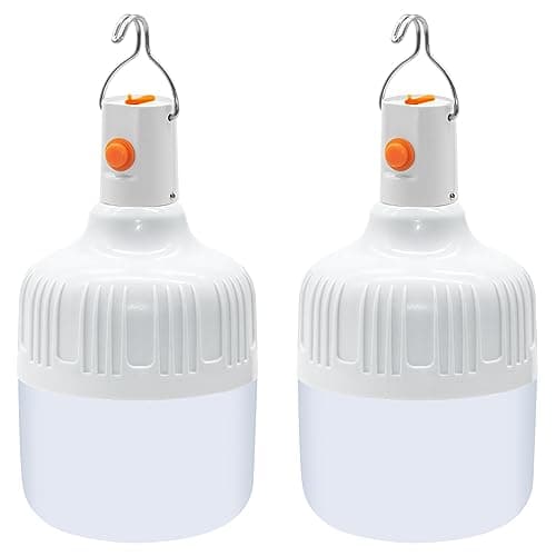 BoloShine 2 Pcs Camping Light, LED USB Rechargeable Camping Lantern Battery Powered Outdoor Tent Lamp with Hanging Hook, Dimmable 3 Modes Portable Light Bulb for Emergency Camping Patio Garden Gazebo