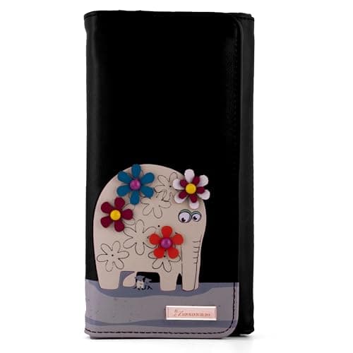 kukubird Large PU Leather Zipper Coin Pocket Wallet, Black Floral Elephant, L, Classic