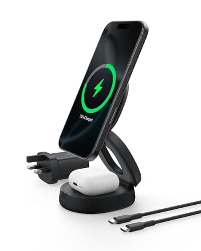 Belkin 2-in-1 Convertible Wireless Charging Station, Wireless Portable Charger 15W, MagSafe-Compatible Qi2 Charger for iPhone 17, Air, AirPods with Weighted Non-Slip Base, 30W Charger Included - Black