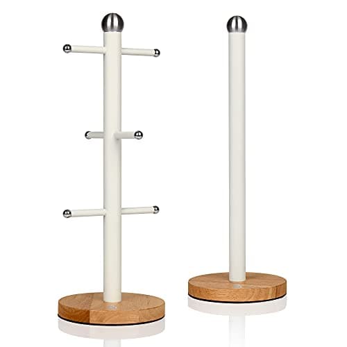 Swan Nordic White Kitchen Accessory Set with Mug Tree and Towel Pole, Bamboo Bases, Easy Storage, Soft Matte Finish, STP1012WHTN