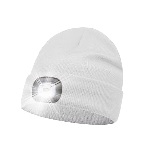 LED Beanie Hat White Headlamp Plain Soft Comfortable USB Rechargeable Head Light for Men Women Warm Knitted Winter Woolly Night Running Dog Walker Headwear