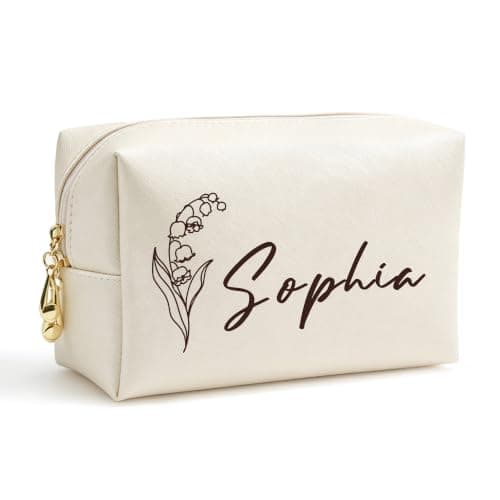 EDSG Personalised Makeup Bag, Waterproof Leather Cosmetic Bags with Name & Birthflower, Travel Toiletry Bag Gifts for Women, Best Friends, Sister, Birthday, Bride Bridesmaid Gifts (White, Design 1)