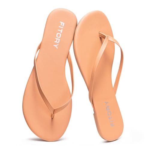 FITORY Women's Leather Flip Flops, Beach Thong Sandals Warm Nude Size 7