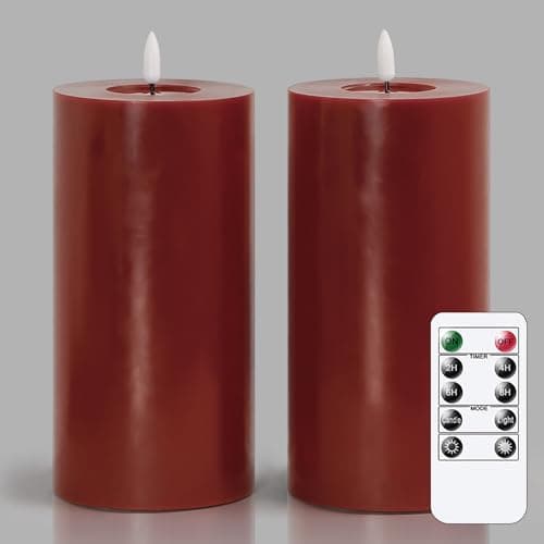 Zevanor Flameless Flickering 10cm x20cm Real Wax Burgundy Remote LED Candles with Candle Grease, Pack of 2 Timer Battery Operated Fake Warm Light Pillar for Home, Banquet, Ceremony Decoration