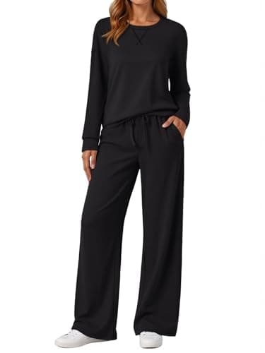 AUTOMET Womens Sweatsuits 2 Piece Sets Travel Outfits 2026 Fall Matching Lounge Set Oversized Sweatshirt Wide Leg Pants, Black, Medium